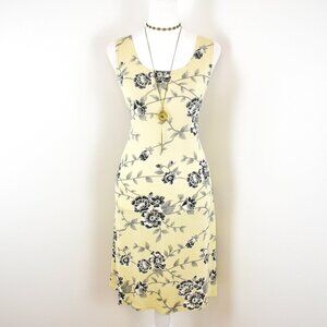 VTG 90s Y2K CoCo Club Cream Semi-Sheer Grey Black Floral Print Midi Dress Sz L